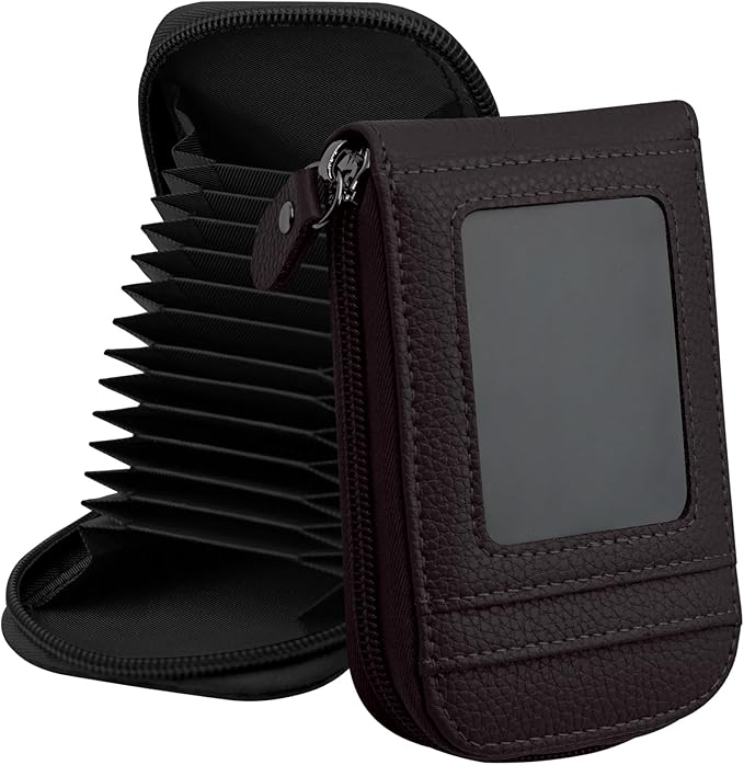 DKER Genuine Leather Mini Credit Card Case Organizer Compact Wallet with ID Window for Men And Women - 2 Pack Black+Coffee