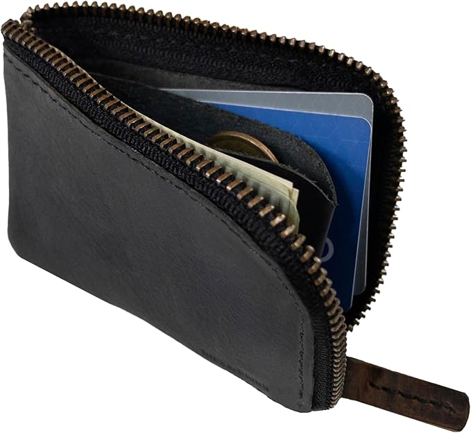 Hide & Drink, Full Grain Leather Zippered Card Wallet for Men and Women, Coin Pouch, Money Holder, Pocket Organizer, Handmade, Charcoal Black