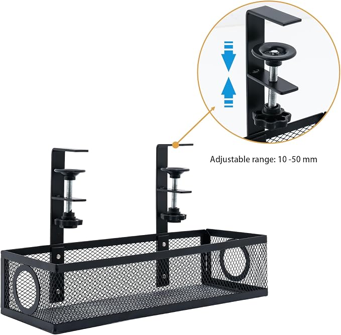 Under Computer Desk Cable Management Tray, No Drill Clamp-On Cord Organizer, Sturdy Metal Wire Tray for Office & Home Desks, Black