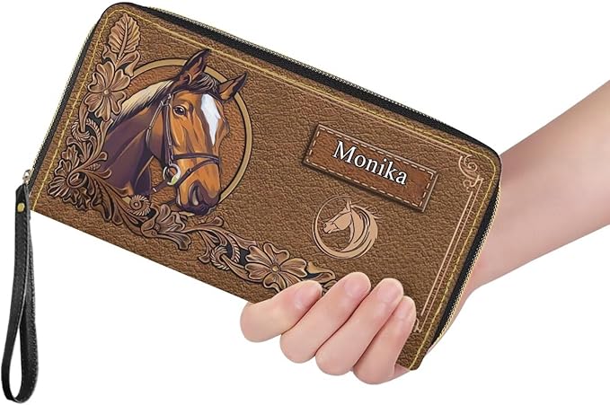 Bulopur Custom Name Wallet for Women Large Capacity RFID Phone Holder Horse Clutch Purse Long Wallet Credit Card Holder Coin Money Clip PU Leather Zip Around Wristlet Wallets