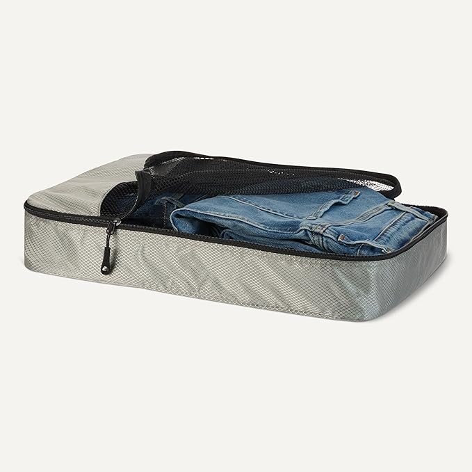 Amazon Essentials 4-Piece Packing Cubes Travel Accessories Set, Luggage Organizer, Suitcase Organizer with Double Zipper, Mesh Top, Space-Saving, Large, Gray (Previously Amazon Basics)