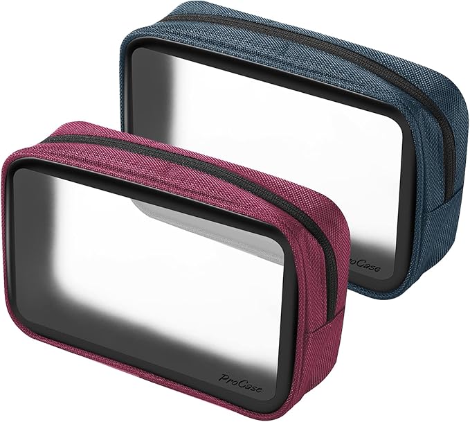 ProCase TSA Approved Travel Toiletry Bag Pouch, Matte Clear Travel Organizer Airport Carry-On Checkpoint Airline Compliant Storage Bag -2 Packs, Navy/Red