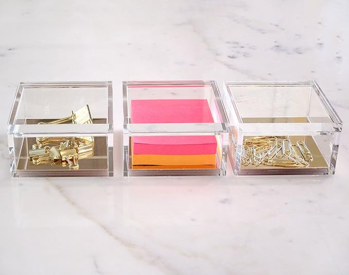 OfficeGoods Acrylic Desk Organizer w/Gold Base – Functional & Elegant Odds & Ends Box for Display or Storage – Perfect for Home or Office, Kitchen, Bathroom Vanity, Curio Display - Medium
