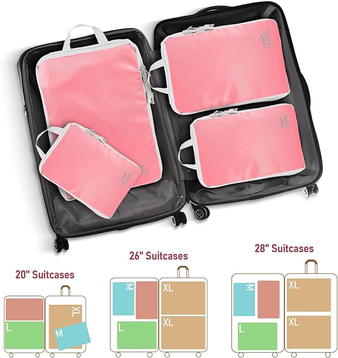 5 Set Packing Cubes For Travel Essentials, Luggage Packing Organization Cubes Suitcase Organizer Bags Set For Luggage Travel Packing Cubes For Suitcases Durable (5 Pcs, Pink)