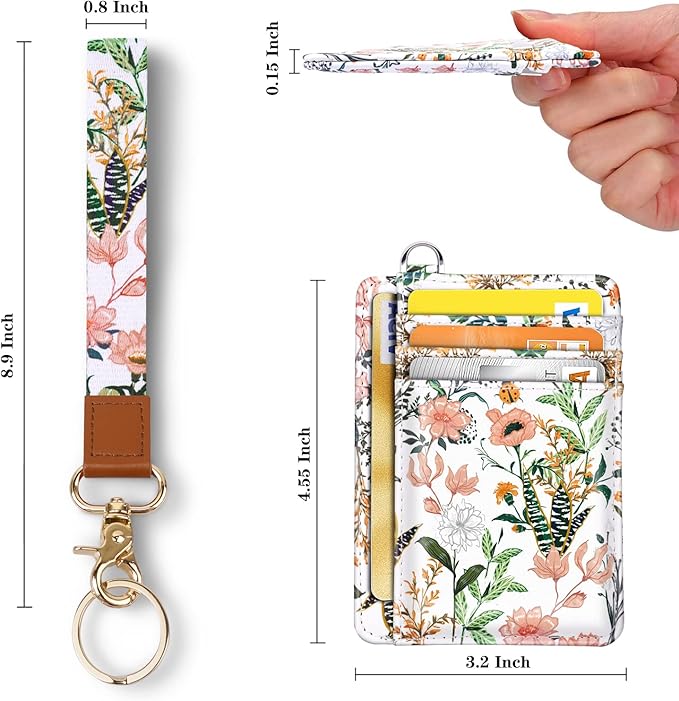 Coco Rossi Slim Front Pocket Wallet RFID ID Card Holder Cute Small Wallet with Wrist Lanyards Key Chain Holder for Women,White Flowers