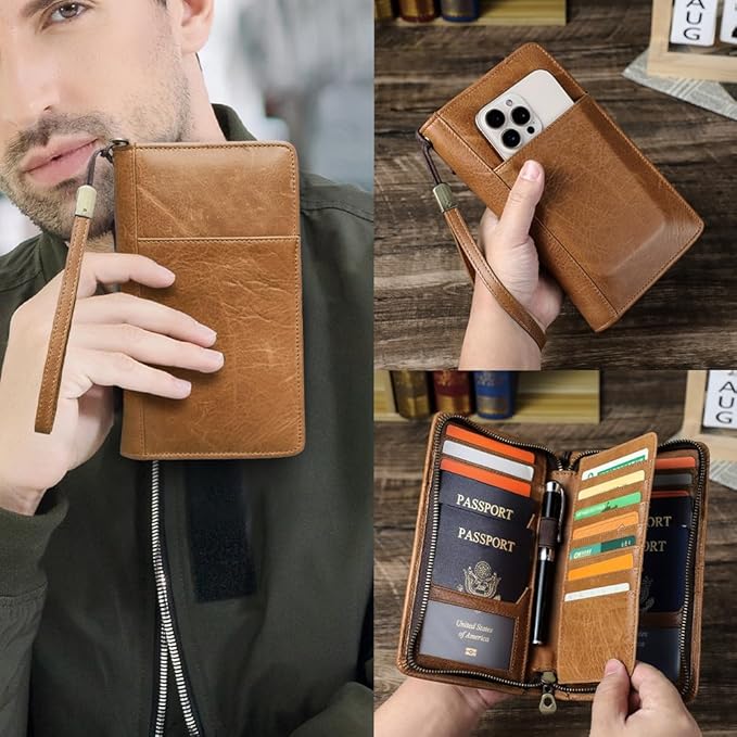 CONTACTS Full Grain Leather Travel Family Passport Holder for 4 Passport Wallet RFID Blocking Passports Organizer 3 Layer Design Fit 4 Passports, 13 Credit Cards (Camel Brown)