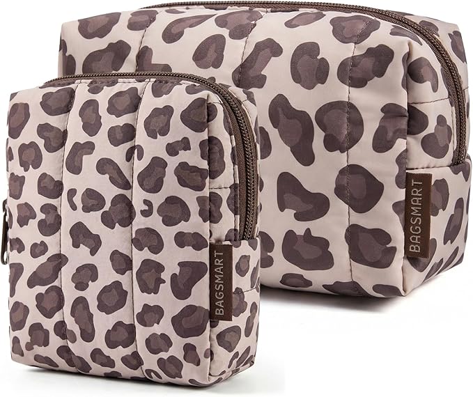 BAGSMART Makeup Bag Duo Set, Puffy Padded Travel Cosmetic Organizer with Slip-in Pockets, Large Toiletry Bag & Small Purse Pouch, Travel Essentials for Women, Leopard