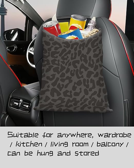 Cute Canvas Car Garbage Bag, Black Leopard Print, Car Trash Bin, Seat Back Hanging, 5L