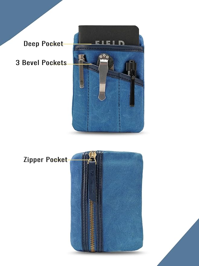 SP4 Waxed Canvas Compact EDC Pocket Organizer, Zippered Pocket Pouch for Men, Mini EDC Organizer for Change, Notebook, Tactical Pen, Flashlight