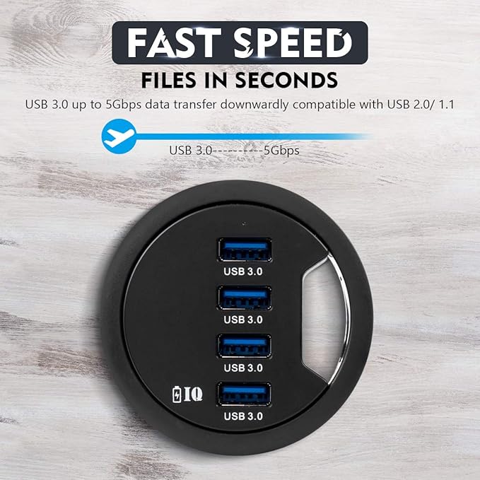 WDX Grommet Hole in Desk USB 3.0 4 Port Hub/BC 1.2 USB Charger, for iPad/Tablet and iPhone/Smart Phones