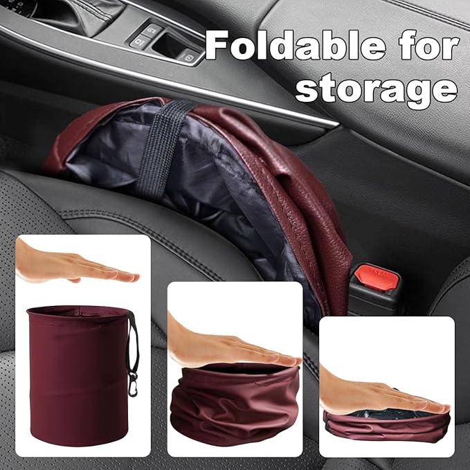 Collapsible Trash Can Car Garbage Bag - Leather Pop-up Car Trash Bin with Elastic Band - Hanging Foldable Garbage Can Vehicle Waste Basket Bin - Double-Layer Washable Bag for Cars Camping (Red)