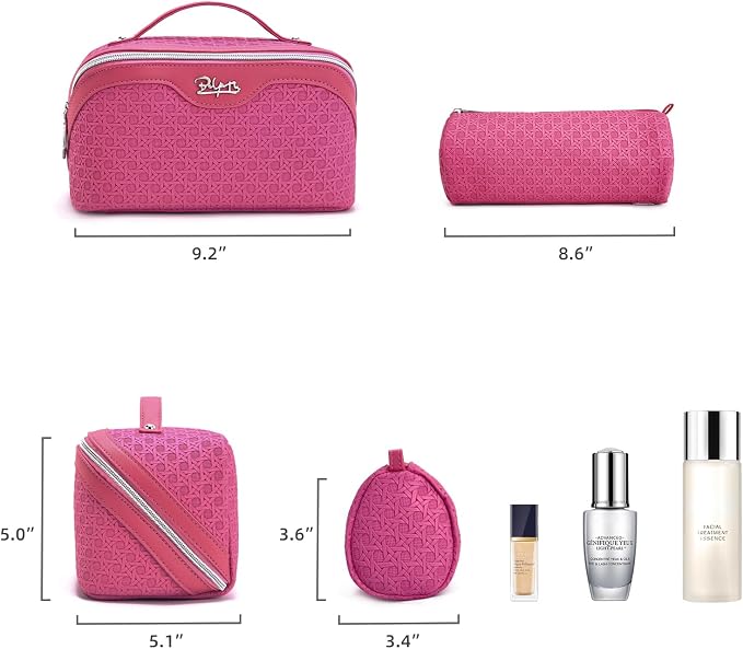 BOYATU Travel Makeup Bag Cosmetic Bags for Women: Large Capacity 3 Pcs Set Make up Bag with Compartments - Waterproof Vegan Leather Toiletry Organizer Bags with Handle (M-73Rose)