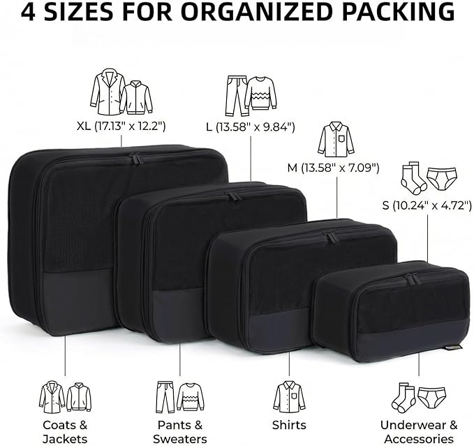 4 Piece Compression Packing Cubes for 3–7 Day Travel, Lightweight Travel Organizers with Breathable Mesh, Double-Zipper Packing Cubes for Carry-On & Suitcases (Jet Black)