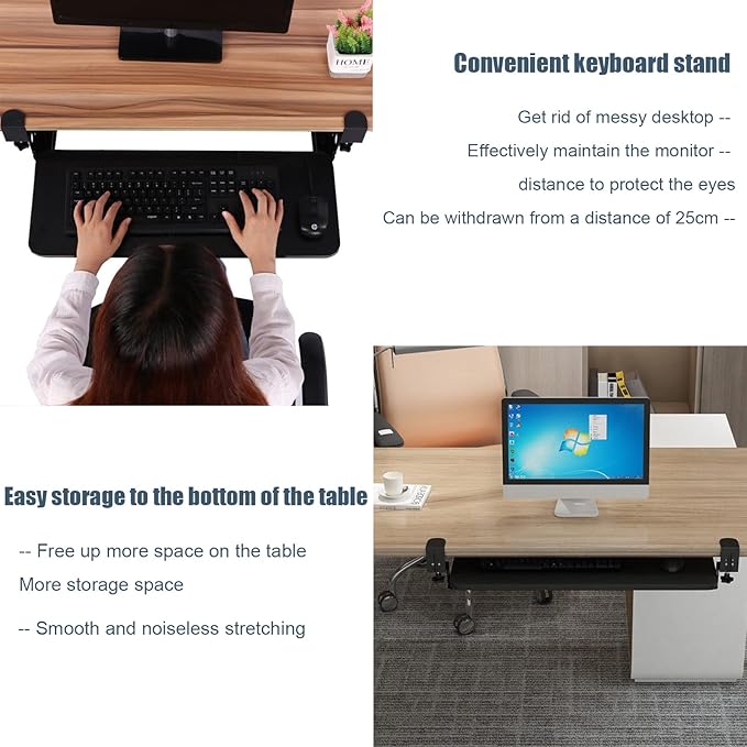QQXX Swivel Keyboard Tray Under Desk with C Clamp,Adjustable Slide Out Computer Keyboard Stand, Ergonomic Keyboard Shelf for Home or Office, No Screw into Desk(65x25cm(25.6x9.8), Black)