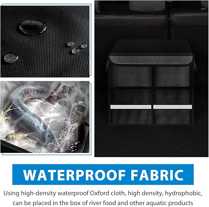 Car Trunk Organizer With Lid, 28L Collapsible Waterproof Oxford Fabric Trunk Organizer with Aluminum Handle, Portable 2-Compartment Cargo Storage Box for SUV, Truck, Sedan (Black)