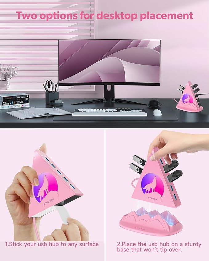 7 Port USB 3.0 Hub,Pink USB Hub with Wolf Shaped RGB Night Light, 2ft Long Cable and Pink Base,for Laptop, PC, Flash Drive, HDD, Console, Printer, Keyborad, Mouse and More(Charging Not Supported)