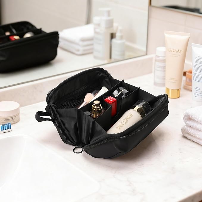 Large Capacity Fabric Cosmetic Bag with Multi-Compartments - Machine Washable Makeup Organizer, Water-Resistant Travel Toiletry Bag for Full-Sized Skincare, Portable Beauty Case for Women