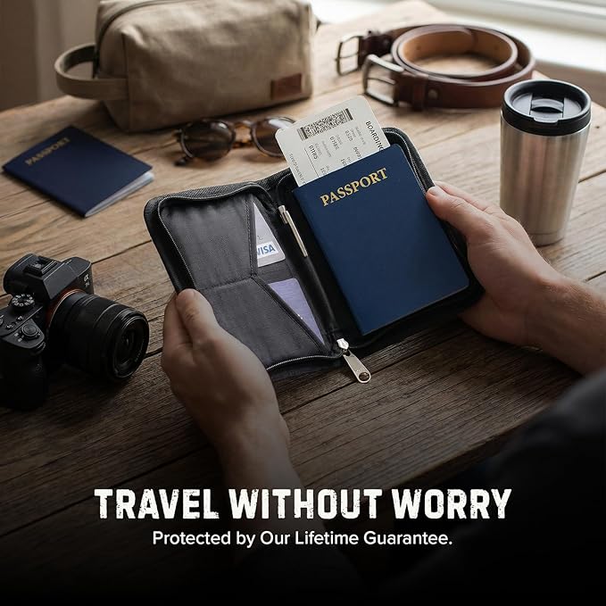 Zero Grid RFID Passport Holder & Travel Wallet, Zippered Wallet for Men & Women, Fits Passport, Cards, Cash, Tickets, ID, Sim Card; Premium & Compact Travel Document Holder - Midnight Black