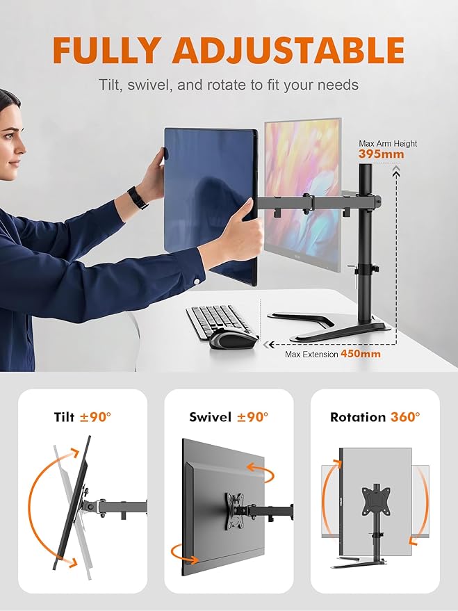 GRIFEMA Two Monitor Stand for 13-32'' LED/LCD Inch, Support 2 Monitors, Monitor Arm Height Adjustable, Tilt, Rotate, Rotate, Cable Management, up to 10 kg, VESA 75/100 mm