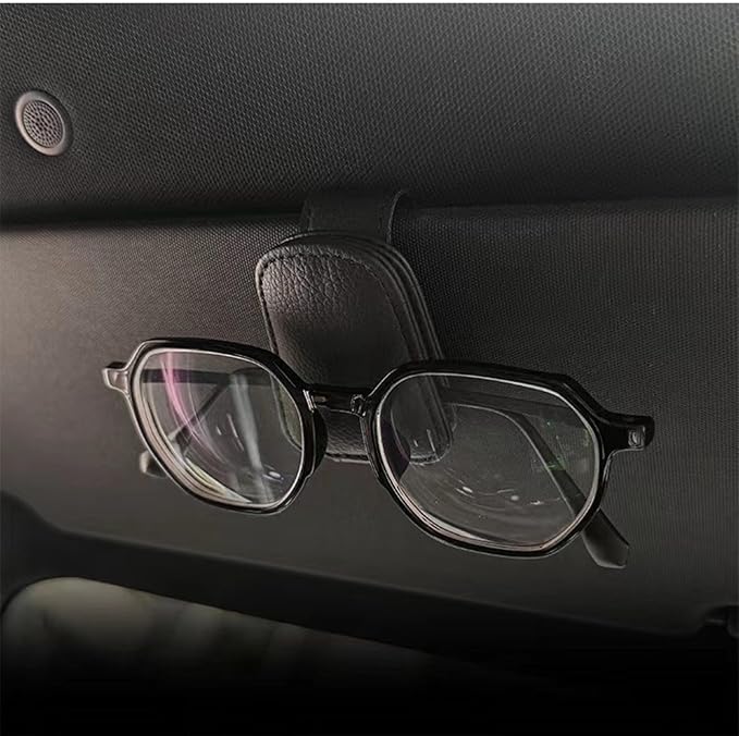 Car Sun Visor Sunglasses Holder – Leather Eyeglasses Clip with Ticket & Card Clip for Car Organizer