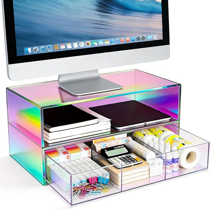 Gelite Acrylic Computer Monitor Stand for Desk Monitor Riser with Drawer Desktop Monitor Shelf with Storage, Iridescent
