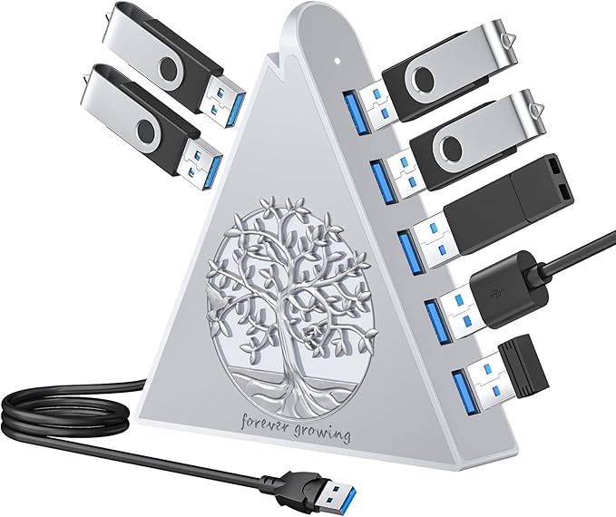 7-Port USB 3.0 Hub, Silver Vertical USB Expander with Tree-Themed RGB Lighting, 5Gbps Transfer Speed, 2FT Extension Cable, for MacBook, Laptop, Desktop, Xbox, Flash Drive, Printer
