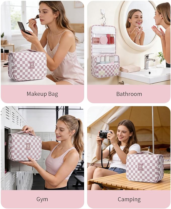 Narwey Small Hanging Travel Toiletry Bag for Traveling Women, Checkered Travel Bag for Toiletries, Makeup Bag Organizer Make Up Cosmetic Bags,Gifts for Kids Teen Girls (Dusty Pink Checkerboard)