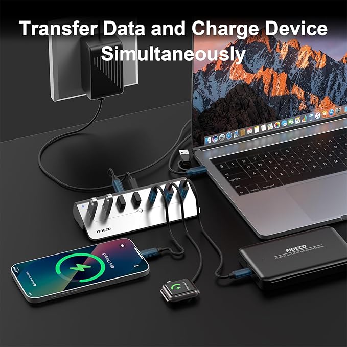 FIDECO Powered USB Hub, 7 Port 10Gbps Fast Data Hub for iPhone 16/15 and Laptop, Full Aluminum USB Splitter with 5V 3A Power Adapter, 4 USB A and 3 USB C Ports, Support BC1.2 Charging (Silver)