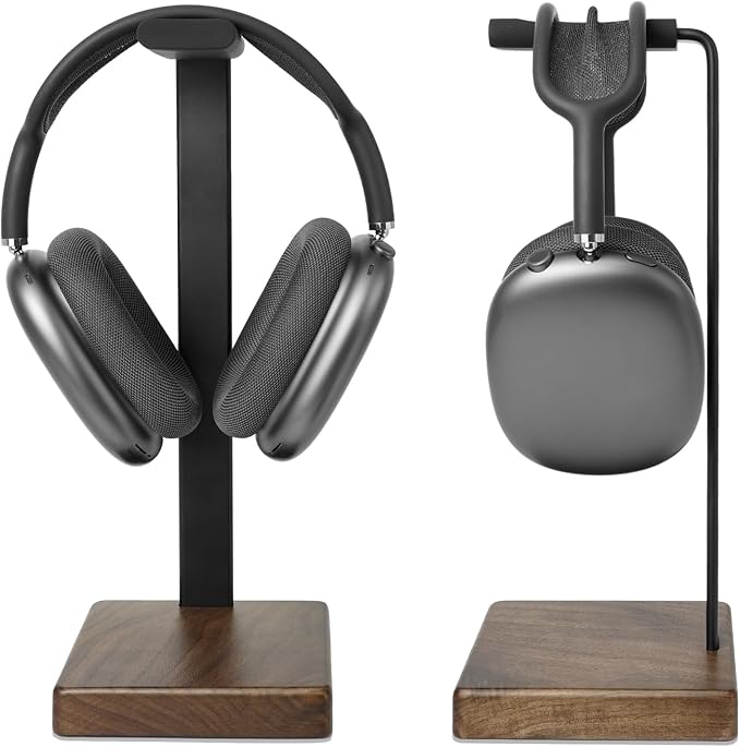 GEVO Headphone Stand Headset Holder - Headset Metal Mount Rack for Desk with Walnut Wooden Square Base for Gaming, AirPod Max, Bose, Sony, Razer, Jabra, JBL