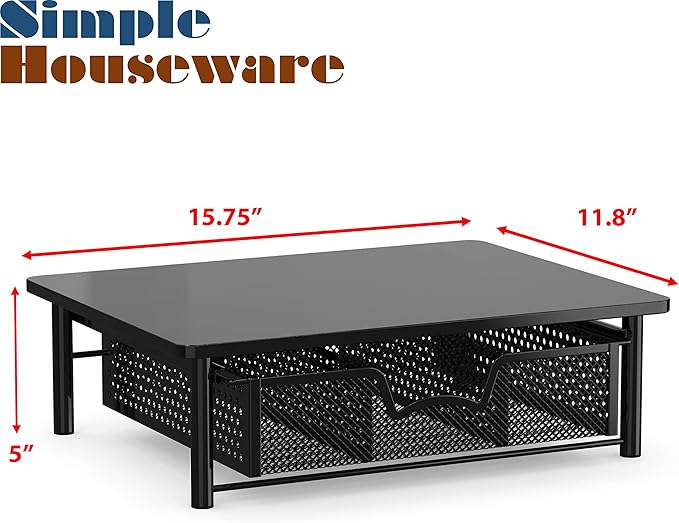 Simple Houseware Computer Monitor Riser with Drawer, Black