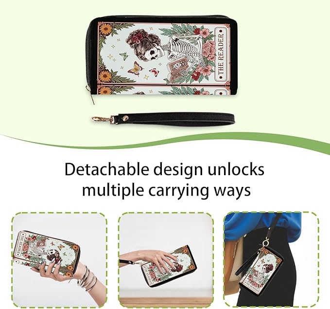 Book Lovers Gift for Womens Wallet - Slim PU Leather Gothic Style Skeleton Reader Wallet for Women with Zipper, Credit Card Holder Wallets, Wristlet Wallets for Female Girls Birthday(Reading Gift)