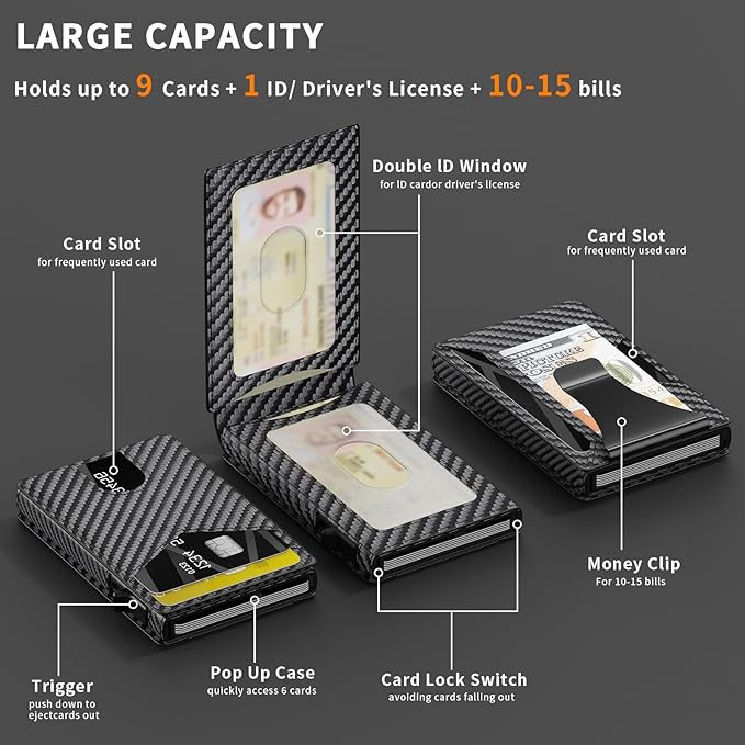 Wallet for Men Aluminum RFID Blocking -Metal Smart Pop-Up Credit Card Holder with 2 ID Windows, Holds 8-10 Cards,Bifold Security Front Pocket Wallet & Money Clip,Men's accessories(Carbon)