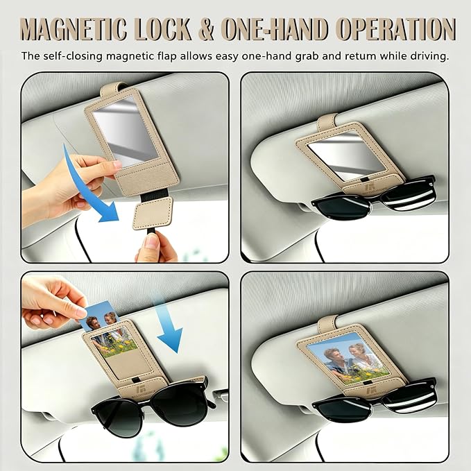 Magnetic 2-in-1 Sunglass & Photo Holder for Car Visor, Leather Anti-Slip No-Fall No-Slide, Fits SUV Truck RV