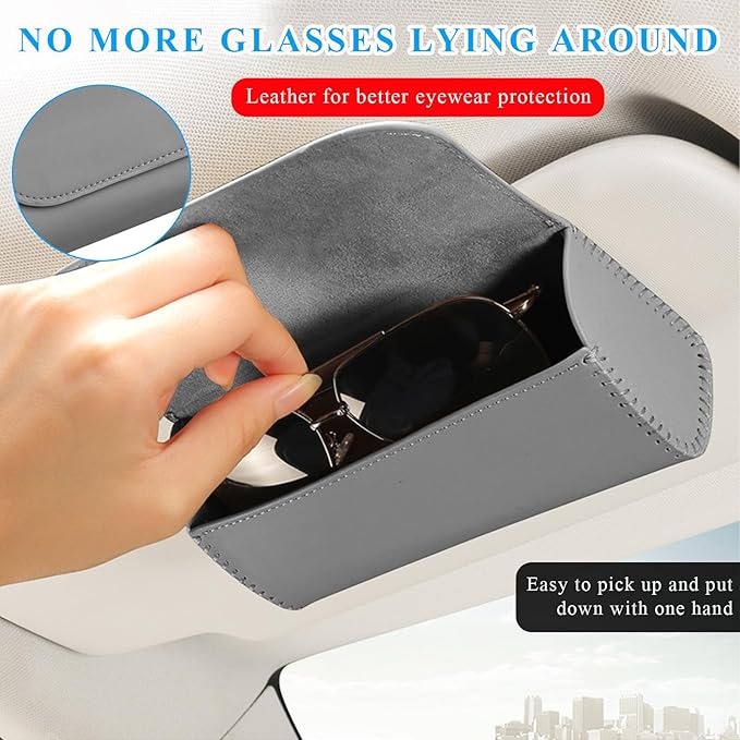 Sunglasses Holder for Car Sun Visor, Leather Auto Eyeglasses Organizer Box with Hidden Magnetic Closure, Vehicle Glasses Case Clip Holder, Car Accessories for Women Men (Gray)