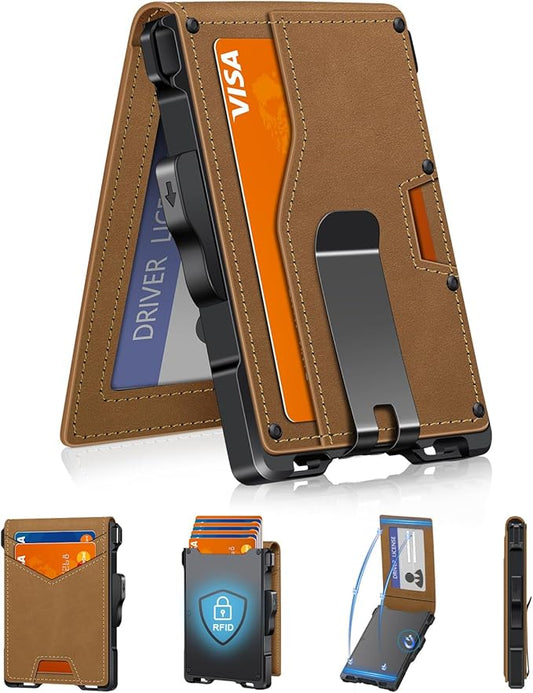 GHUKY Wallet for Men, Minimalist Slim Mens Wallet with Money Clip, RFID Blocking Smart Pop Up Card Wallet with ID Window, Compact Bifold Wallet,Metal Aluminum Credit Card Holder
