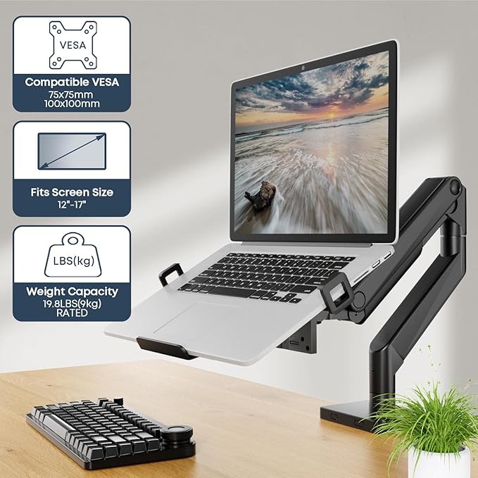Laptop VESA Mount Tray Holder for Monitor Arms and Stands 75x75mm 100x100mm Clamp Notebook Adjustable 12 to 17 inch Black Universal