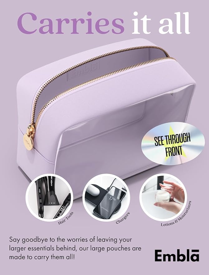 Embla Clear Large Makeup Bag Cute Big Make Up Nylon Pouches Travel Bathroom Bags for Toiletries XL Cosmetic Pouch for Women Girls Extra Large Zipper Toiletry Skincare Organizer Lavender