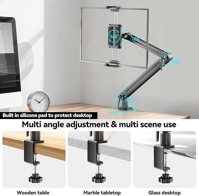 Portable Monitor Stand Desk Holder- Large Clamp support up to 6.5 12.9 14.6 15.6 18.5 inch 360° Rotating Base Swivel Tall Desk Arm Mount for iPad Pro/Mini/Air/Surface Strong Bearing Weight over 5.5lbs