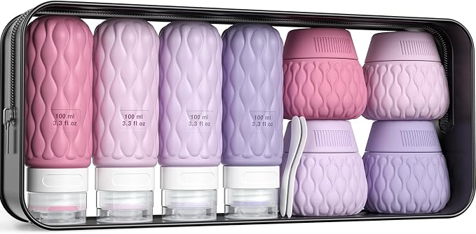 Silicone Travel Bottles for Toiletries 8 Pack Travel Size Toiletries 3.4 oz 1.7 oz, Leakproof Squeeze Travel Size Containers Refillable Cosmetic Jars Set for Shampoo, Conditioner, Creams