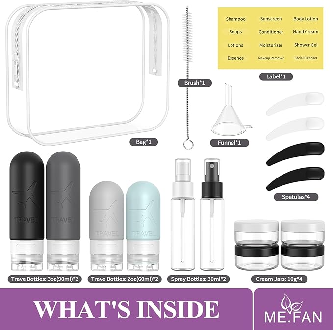 ME.FAN 18 Pack Travel Bottles for Toiletries, TSA Approved Travel Size Containers Set, Silicone Squeezable Portable Split Bottle, Travel Accessories for Conditioner, Shampoo, Lotion - Grey
