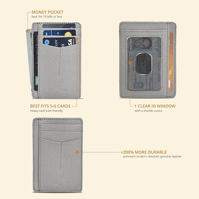Oak Leathers Leather Slim Minimalist Wallet for Men & Women RFID Front Pocket Leather Card Holder Wallets (Grey)