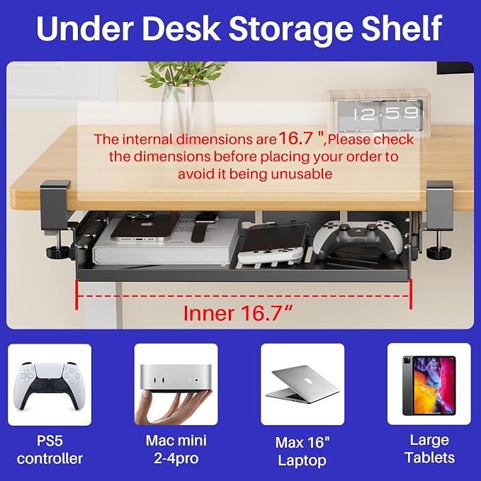 Sliding No Drill Under Desk Laptop Mount, Metal Under Desk Storage Shelf with Cable Management, Slide Out Laptop Storage Tray for MacBook, Mac Mini, Fits Office Workstations(Black with slid rail)