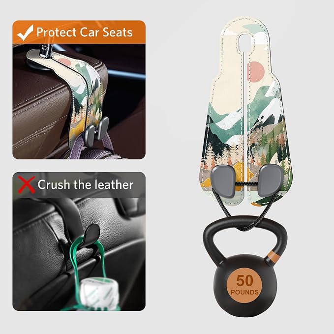 CoBak Purse Hook for Car - Universal Premium Stitched Leather and Aluminum-Magnesium Alloy Double Car Seat Back Storage Hook for Purses, Handbags, Bags (2 Pack),Mountain Calm