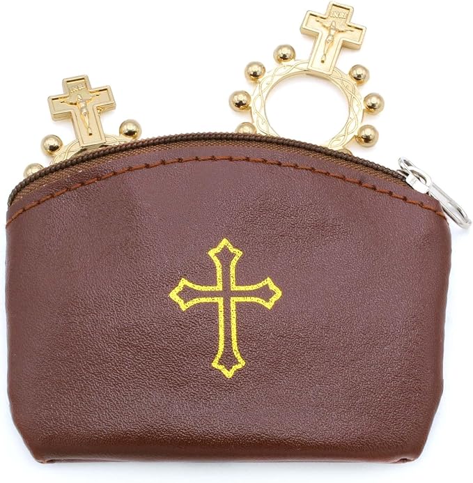 Brown Rosary Pouch with Zipper & Gold St. Thomas Cross Imprint | Compact Leatherette Rosary Case for Small to Medium Rosaries | Protective Travel Rosary Holder for Men & Women
