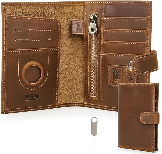 CONTACTS Full Grain Leather Passport Holder Compatible with Airtag RFID Blocking Passport Wallet Travel Slim Passport Cover with SIM Card Removal Tool (Camel Brown)