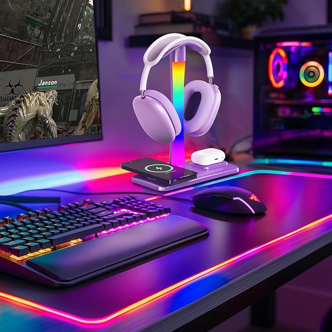 Headphone Stand with Wireless Charger,Gaming Headset stand with RGB Light,For Airpod Max Stand Compatible with Airpod Pro/3/2,For iPhone 17/16/15/14/13/12/11,Gifts for Gamers & Music Lover (Purple)