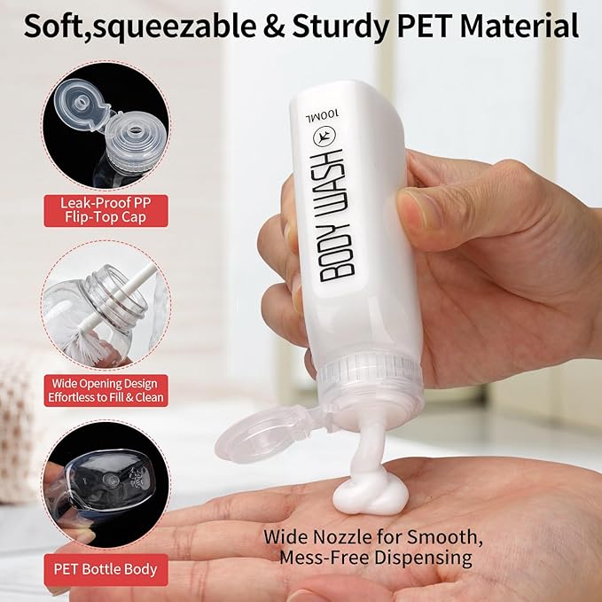 Cosywell Travel Bottles for Toiletries 10PCS 100ml Pre-Printed Shampoo, Conditioner & Body Wash TSA Approved 2oz Travel Spray Bottle Leakproof 0.35oz Plastic Cream Jars Refillable Cream Lotion(Clear)