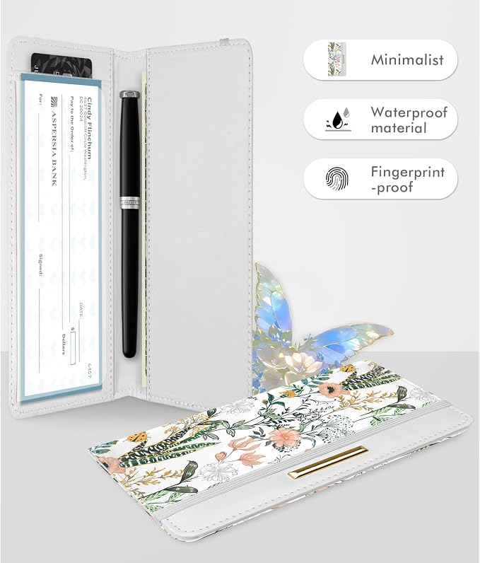 Letter Checkbook Cover, RFID Blocking Checkbook, Stylish, Lightweight, Slim Durable, Multi-Functional Checkbook Holder for Personal and Business Checks (Flower and Grass)
