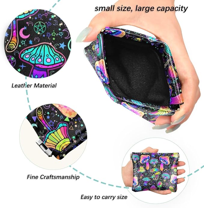 Magic mushroom Women's Waterproof PU Leather Coin Purse, Slim Travel Wallet with Zipper - Compact Card Holder & Jewelry Organizer for Cash, Keys, Lipstick