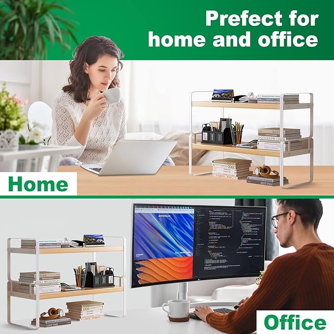 YGYQZ Desk Shelf Organizer for Top of Desk, Detachable 2 Tier Desktop Bookshelf, Wooden Desk Shelves Storage Rack, Small Desktop Shelf for Office Home Dorm, Tabletop Desk Organizer Stand (White Wood)
